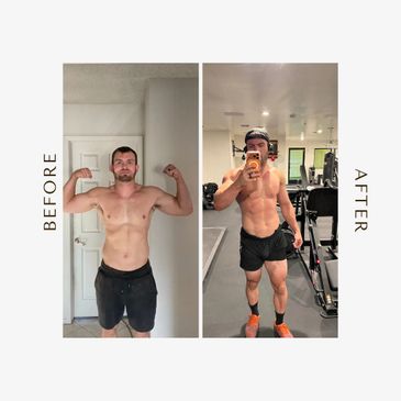 Before and after fitness transformation showing improved muscle tone and physique.