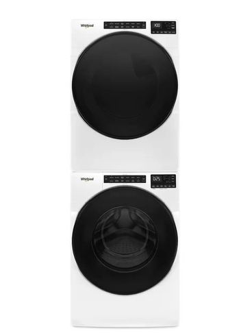 Stacked Whirlpool washer and dryer with black doors and digital displays.