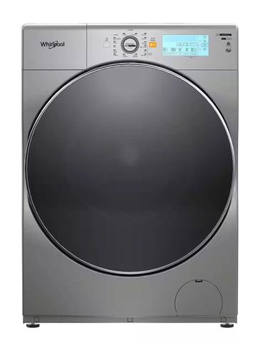 Modern Whirlpool front-loading washing machine in silver.