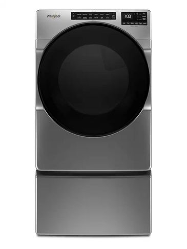 Modern Whirlpool front-load washing machine with pedestal drawer.
