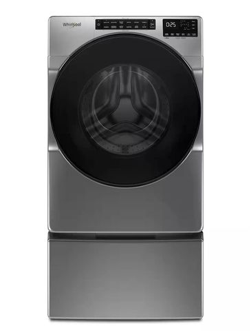 Front-loading Whirlpool washing machine with a sleek metallic finish.