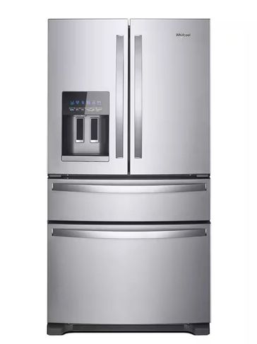 Stainless steel Whirlpool French door refrigerator with water and ice dispenser.