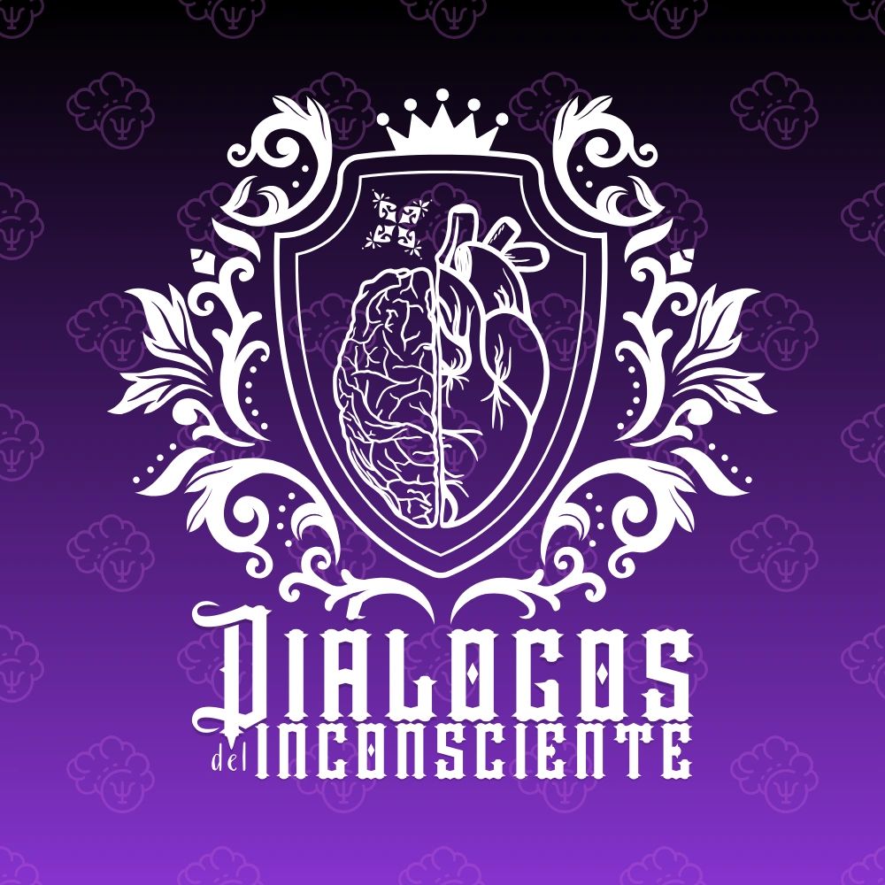 White emblem with brain and heart on purple background with text.