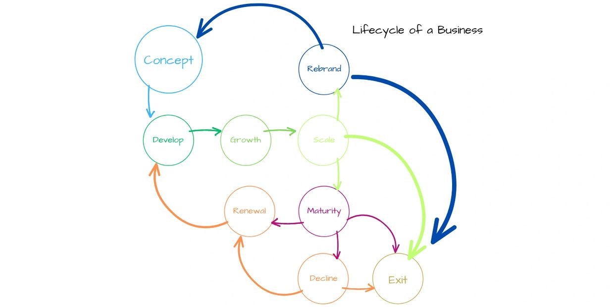 Diagram of the lifecycle of a business showing stages from concept to exit.