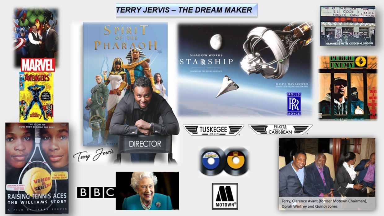Collage highlighting Terry Jervis' diverse career.