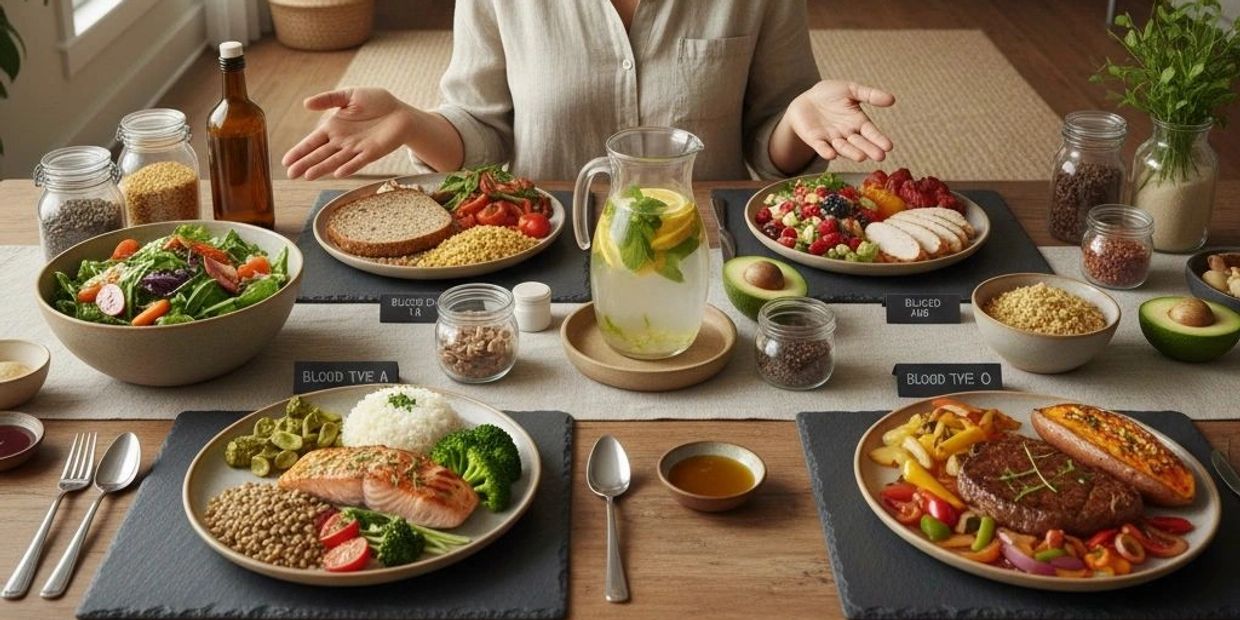 Person showing different meals labeled by blood type on a table.
