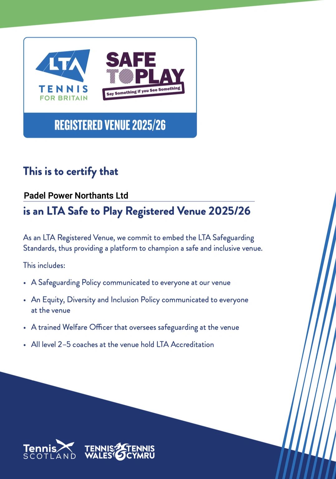 LTA Safe to Play registered venue