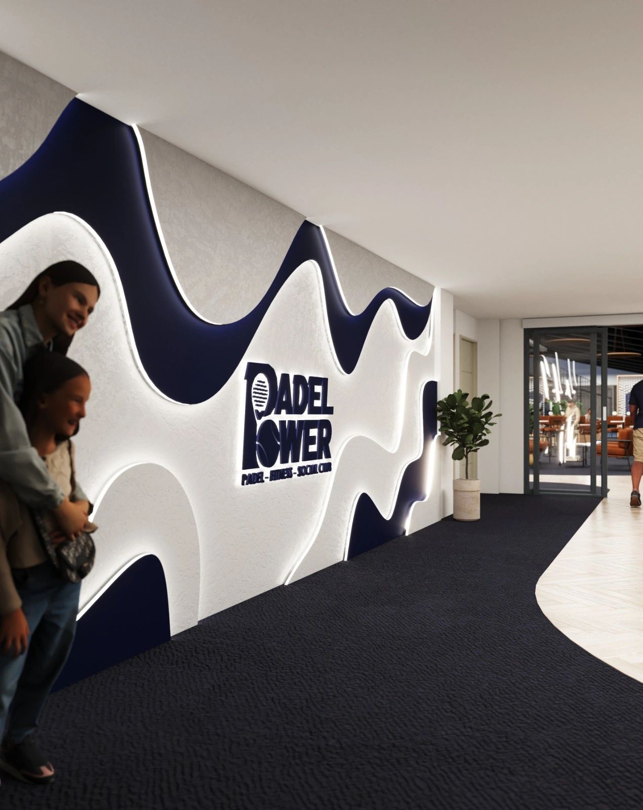 Interior of Padel Power in Northampton showing a modern indoor padel club entrance and illuminated branding.