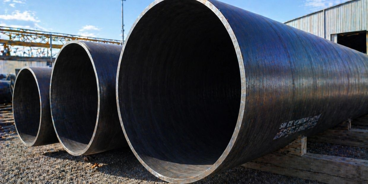Large industrial steel pipes in a row outdoors.