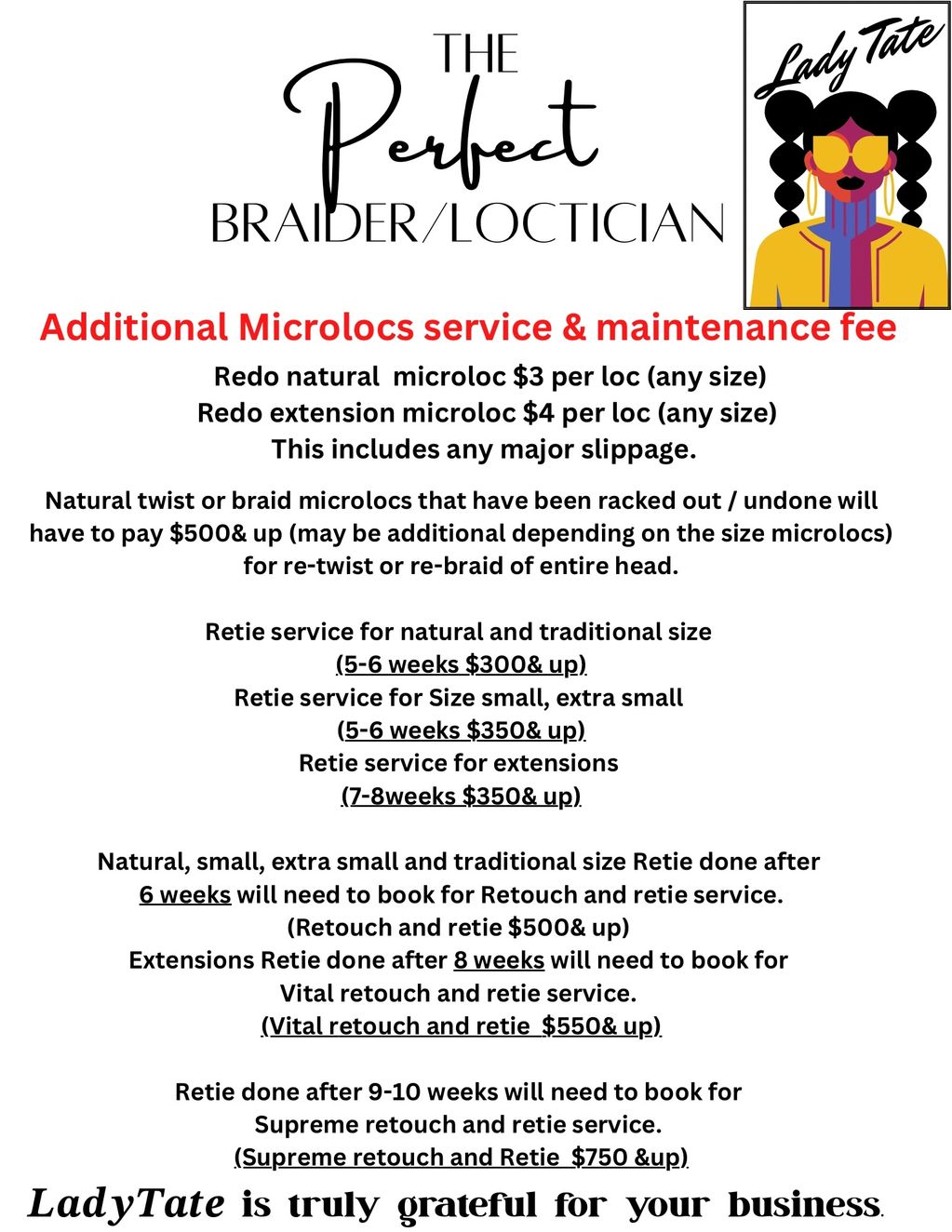 Price list for microlocs service and maintenance by Lady Tate Braider/Loctician.