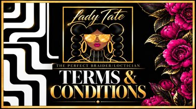 Lady Tate's terms and conditions banner with floral and geometric design.
