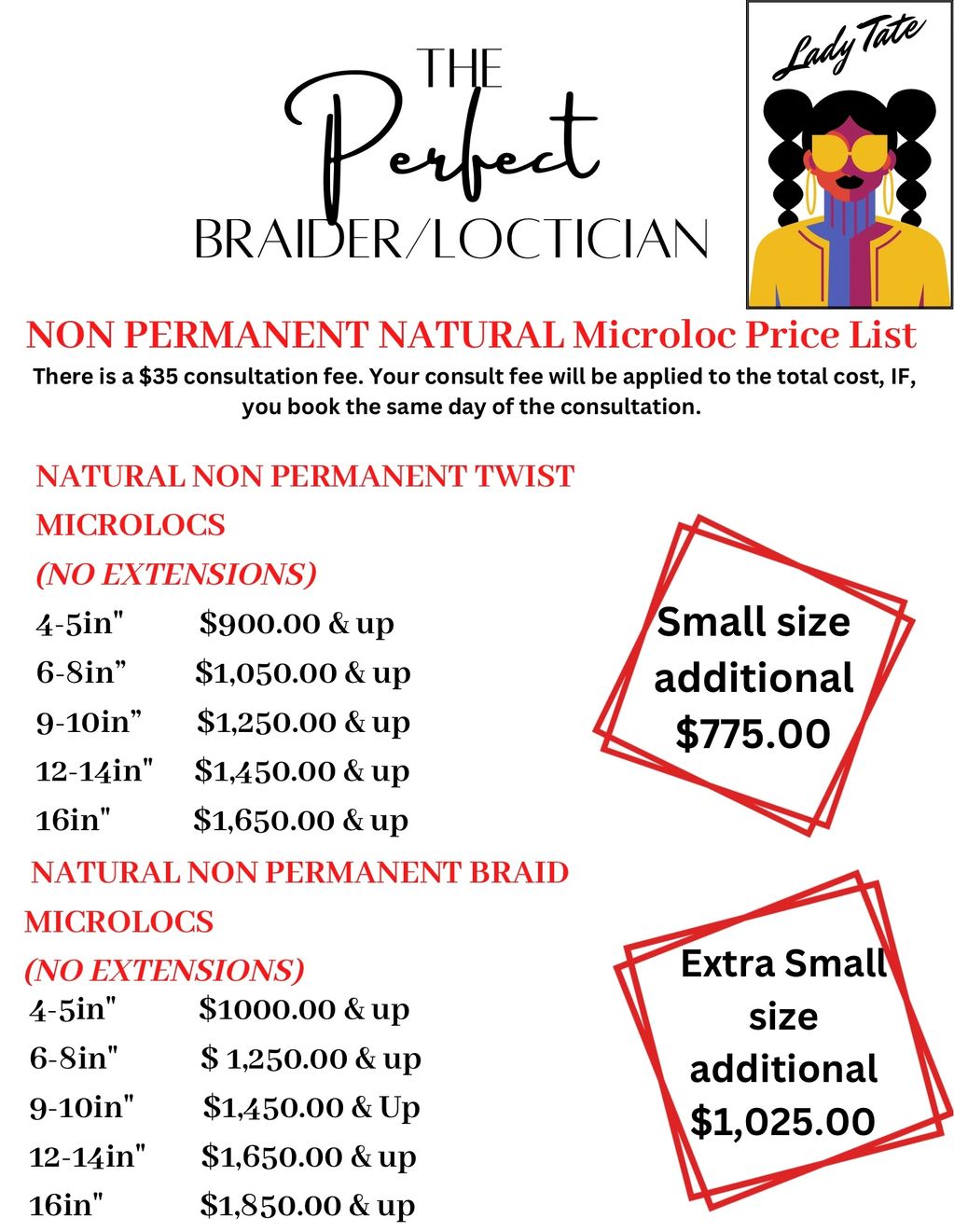 Price list for natural microlocs by The Perfect Braider/Loctician, with consultation fees and additional charges.