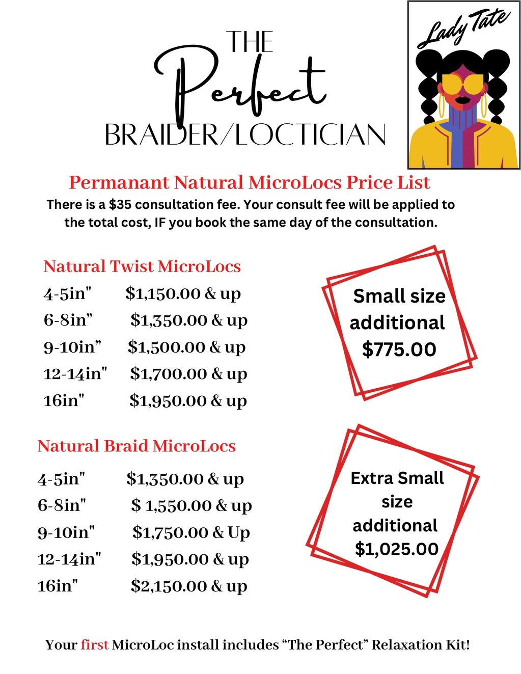 Price list for Natural MicroLocs by The Perfect Braider/Loctician with consultation fee details.