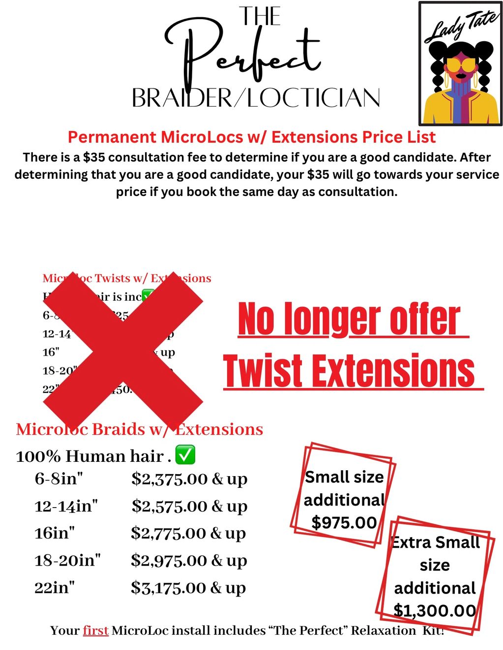 Price list for permanent MicroLocs with extensions by Lady Tate, no longer offering twist extensions.