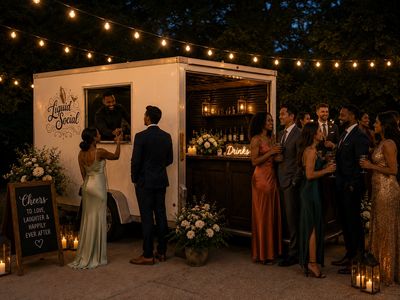 Elegant evening wedding reception with guests enjoying drinks at a stylish mobile bar.