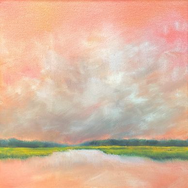 A serene landscape painting with a pink sky and reflective water.