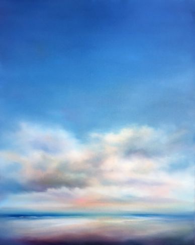 A serene sky with soft clouds above a calm horizon.