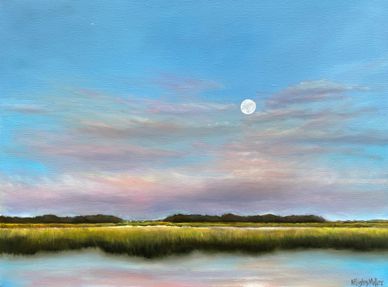 A serene landscape with a full moon over grassy wetlands and calm water.