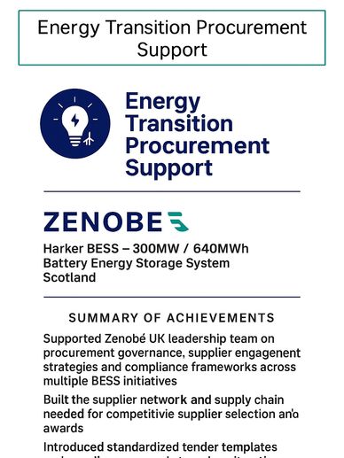 Summary of achievements in energy transition procurement support by Zenobe for Harker BESS project.