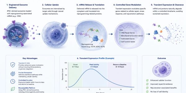 Diagram illustrating engineered exosome delivery and transient gene modulation in cells.