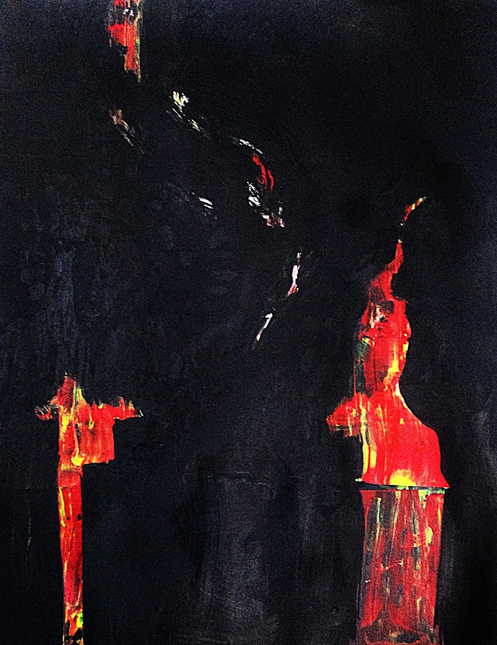 Abstract painting with dark tones and vivid red highlights.