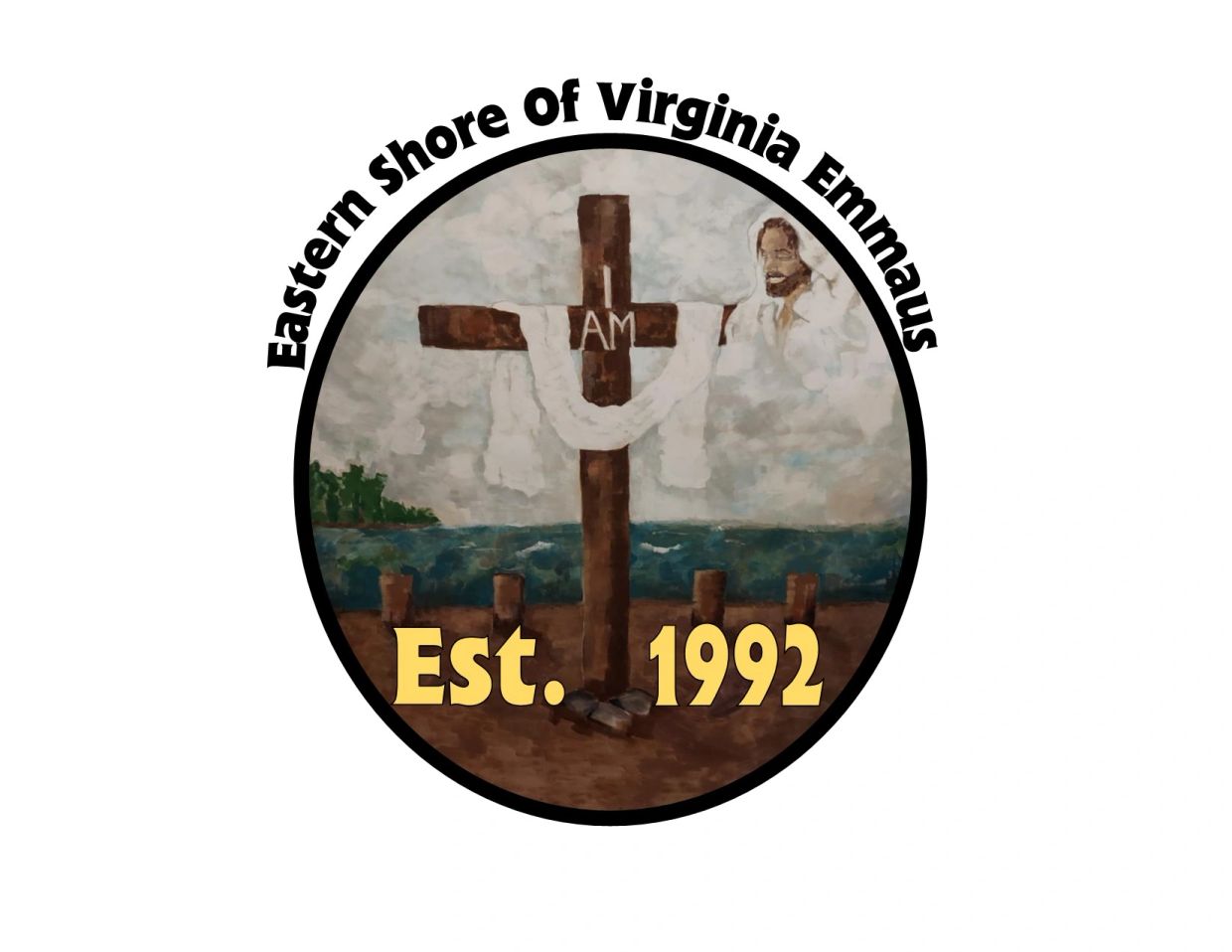 Logo of Eastern Shore of Virginia Emmaus with a cross and waterfront.