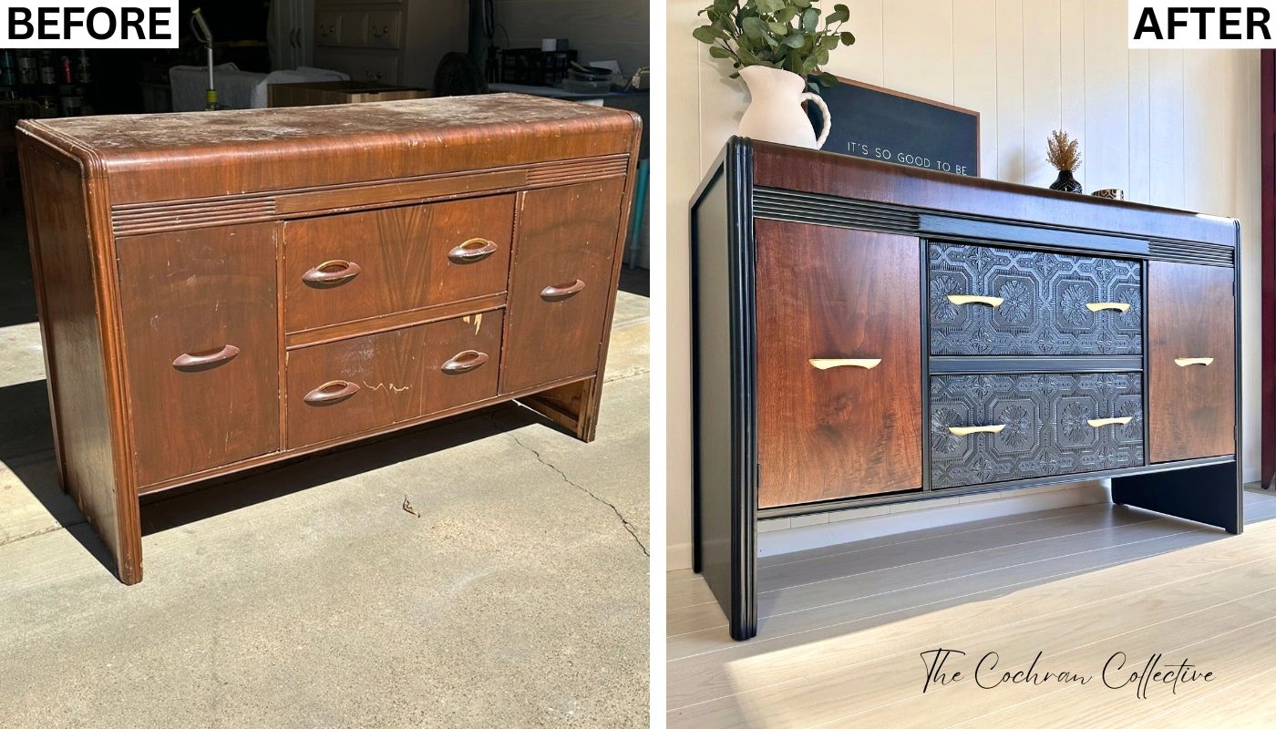 Refinished black and wood vintage art deco waterfall buffet painted in Behr Limousine Leather