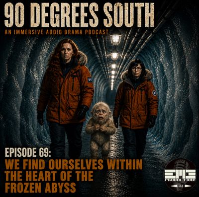 Promotional poster for 90 Degrees South podcast episode featuring three characters in a dim tunnel.