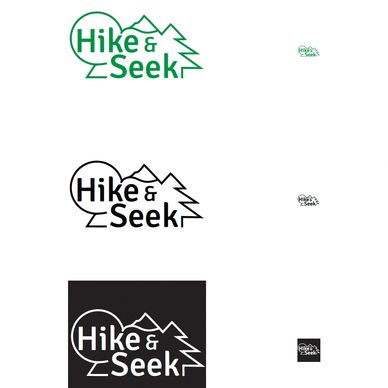 Three variations of 'Hike &amp; Seek' logo featuring mountains and trees.