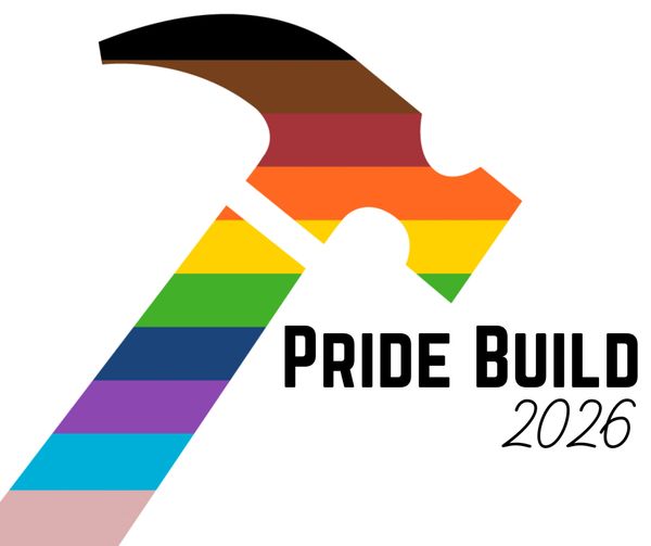 Hammer with Pride rainbow colors and text Pride Build 2026.
