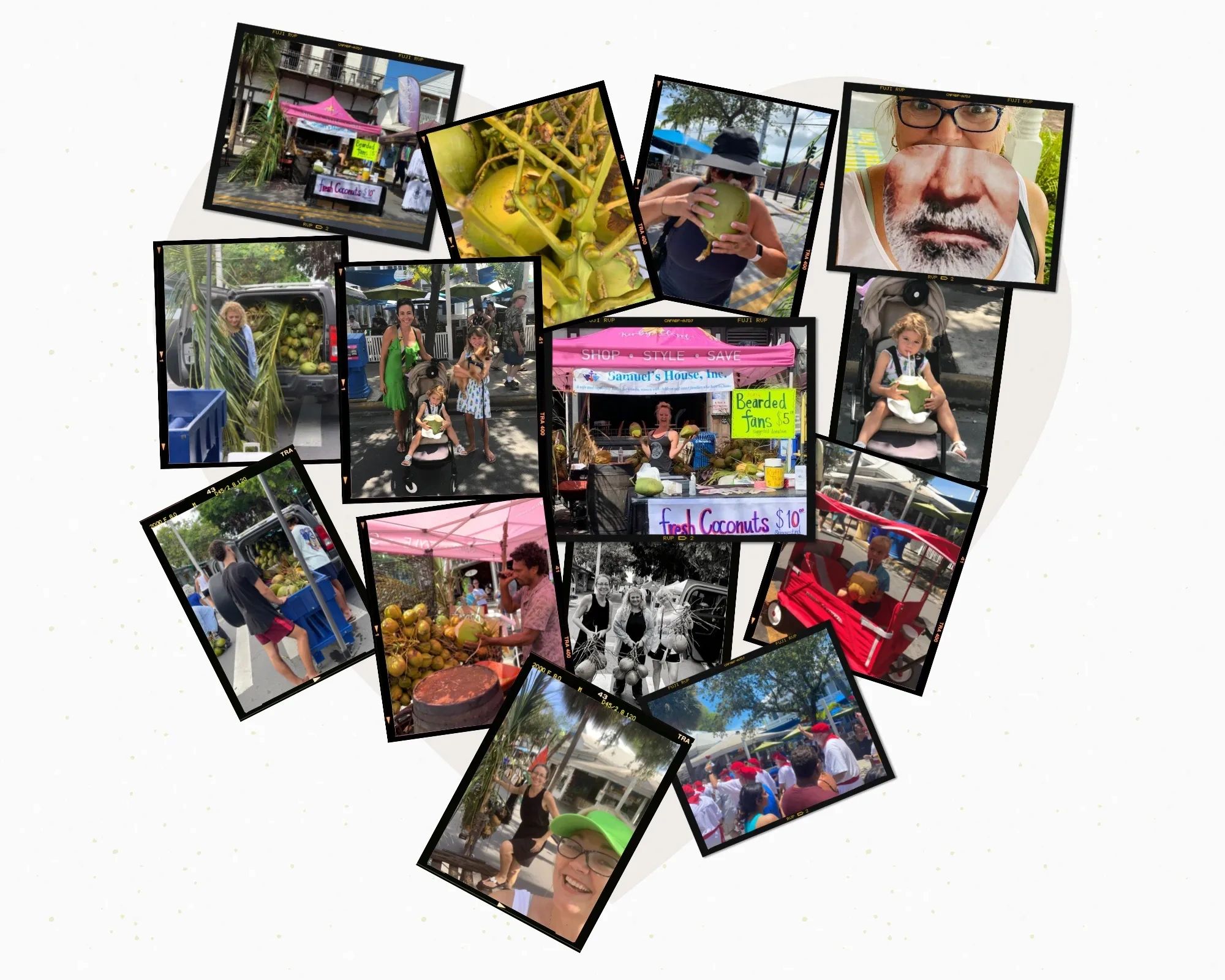 Collage of vibrant market scenes with people enjoying fresh coconuts and festive activities.