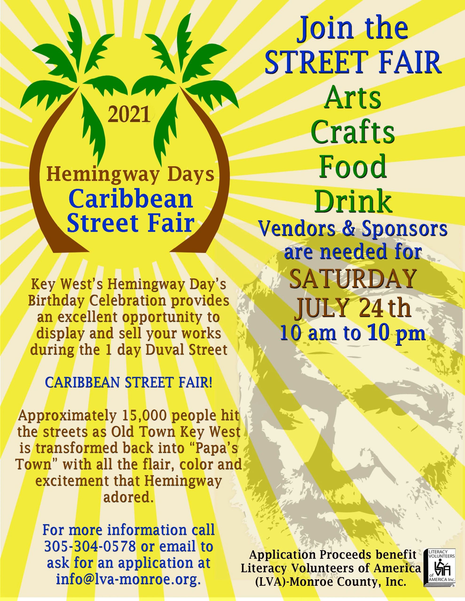2021 Hemingway Days Caribbean Street Fair promotion for arts, crafts, food, and drink in Key West.