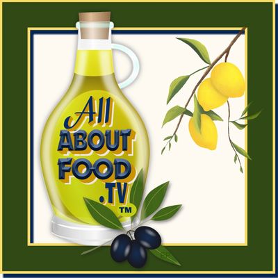 Logo of AllAboutFood.tv with olive oil bottle and lemons.