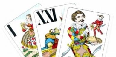 Three colorful European-style playing cards with unique illustrations.