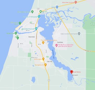 Map of Manistee, Michigan with marked locations and a boat ramp on the southeast side.