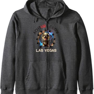 Dark gray zip-up hoodie with 'Achtus Corgi Las Vegas' and corgi graphic.