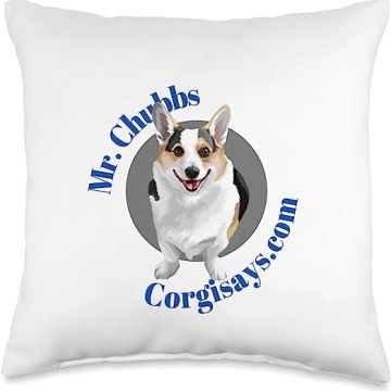 Pillow with a corgi and text logo.