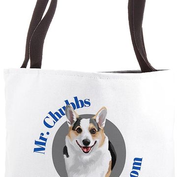 White tote bag with cute dog and text Mr. Chubbs.