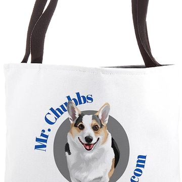 White tote bag with cute dog and text Mr. Chubbs.