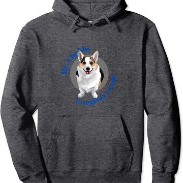 Dark hoodie with happy Corgi and text design.