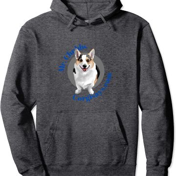 Dark hoodie with happy Corgi and text design.