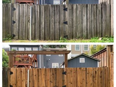Side-by-side comparison of a wooden fence before and after restoration.