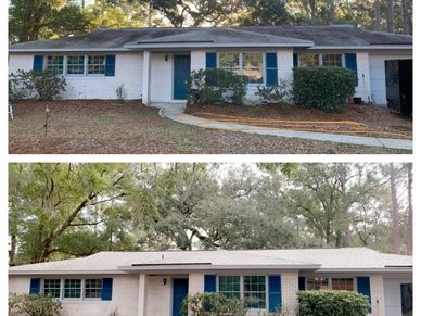 Before and after photos of a house showing a clean roof and tidier landscaping.