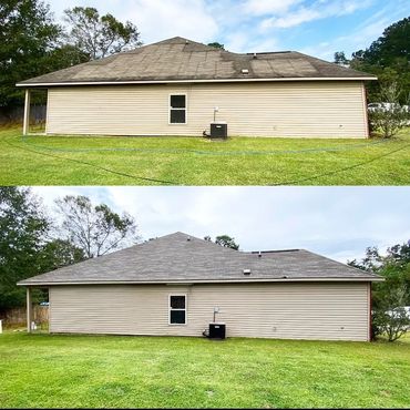 Two side-by-side images showing a house roof before and after cleaning.