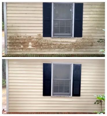Side-by-side comparison of a house wall before and after cleaning.