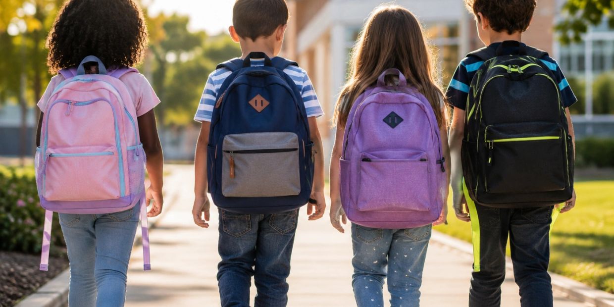 Four kids walking with backpacks.