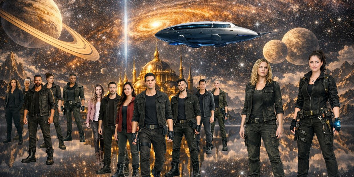 Group of futuristic characters in a cosmic setting with planets and a spaceship.