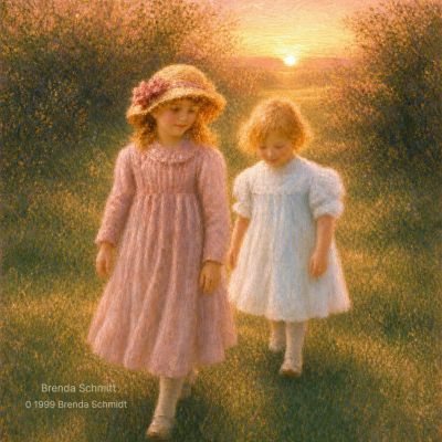 Two girls walking in a sunset-lit field.
