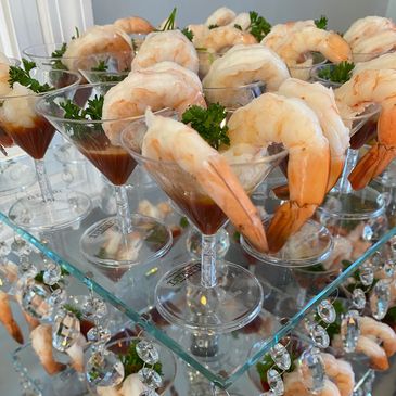 Catering shrimp cocktail tower, mini cups of shrimp cocktail, martini glass shrimp cocktail