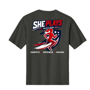 Black T-shirt with 'She Plays Nation' and athletic graphic.